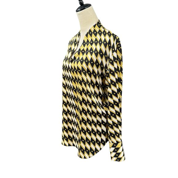 Joie Black & Yellow Geometric Diamond Print Long Sleeve Split V-neck Blouse - Picture 2 of 11